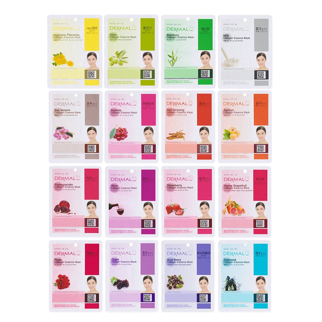 DERMAL 16 Combo Pack B Collagen Essence Korean Face Mask - Hydrating & Soothing Facial Mask with Panthenol - Hypoallergenic Self Care Sheet Mask for All Skin Types - Natural Home Spa Treatment Masks