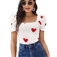 Womens Summer Tops Sexy Casual T Shirts for Women Heart Print Puff Sleeve Tee