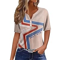 Oversized Pretty Short Sleeve Tee Womens Party Independence Day Flag T-Shirt Fit Soft V Neck Tshirt