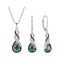 Two Tone Black& White Infinity Pendant Necklace Earrings Women Jewelry Set with Created Emerald