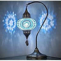 DEMMEX Turkish Moroccan Handmade Colorful Mosaic Gooseneck Table Bedside Lamp Lampshade with Antique Brass Body (Blue)