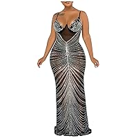 Women's Rhinestone Spaghetti Straps Bodycon Maxi Dress Sexy Mesh See Through Night Club Party Dress