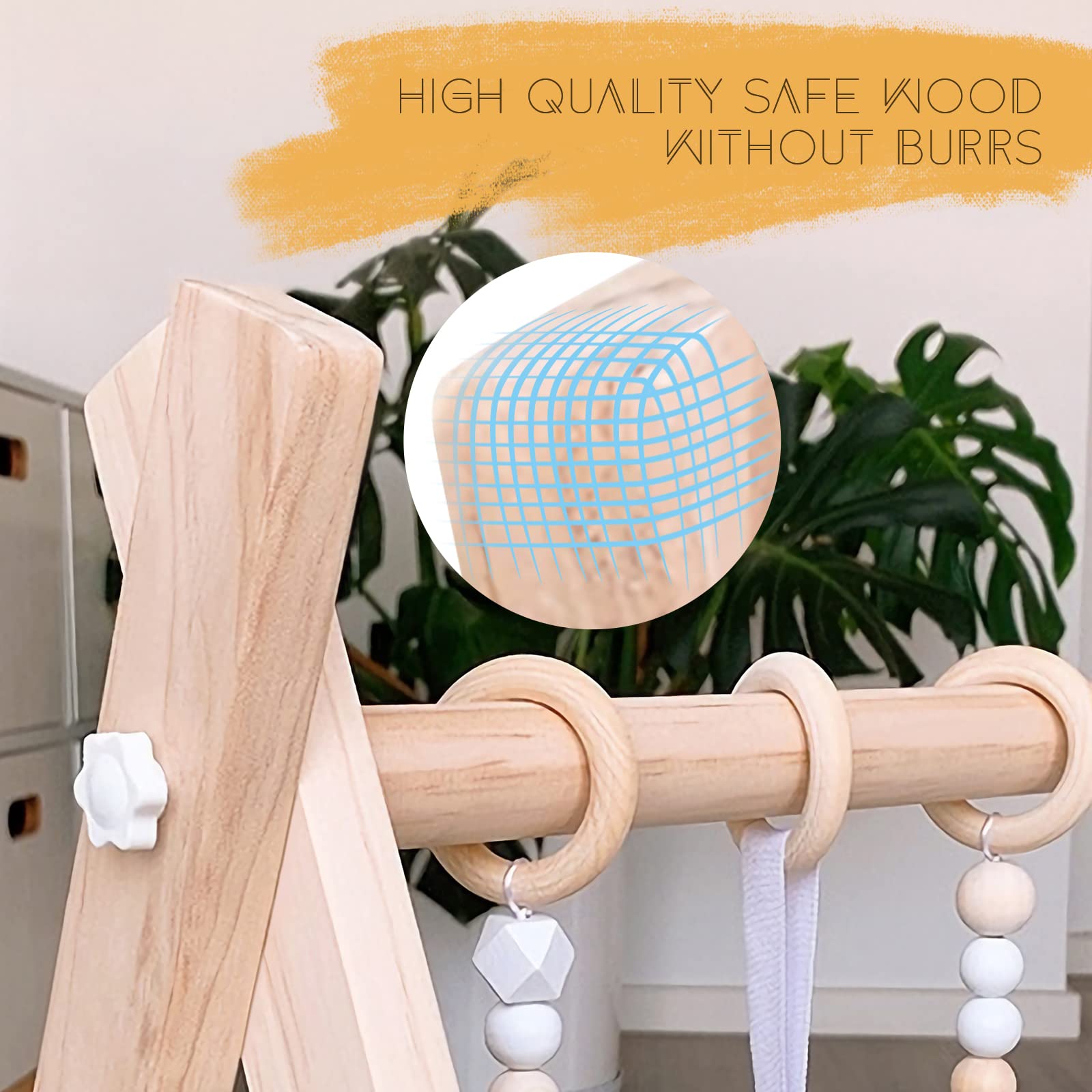 Wooden Baby Play Gym, WOOD CITY Foldable Baby Gym with 6 Hanging Sensory Toys for Infants Activity, Newborn Gifts for Baby Girl and Boy (Natural Wood)