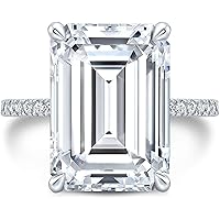 Moissanite 7 CT Emerald Cut Moissanite Engagement Ring Solitaire Wedding Bridal Ring Anniversary Promise Gifts Ring for Women Hidden Halo Silver, Moissanite Diamond Ring Colorless