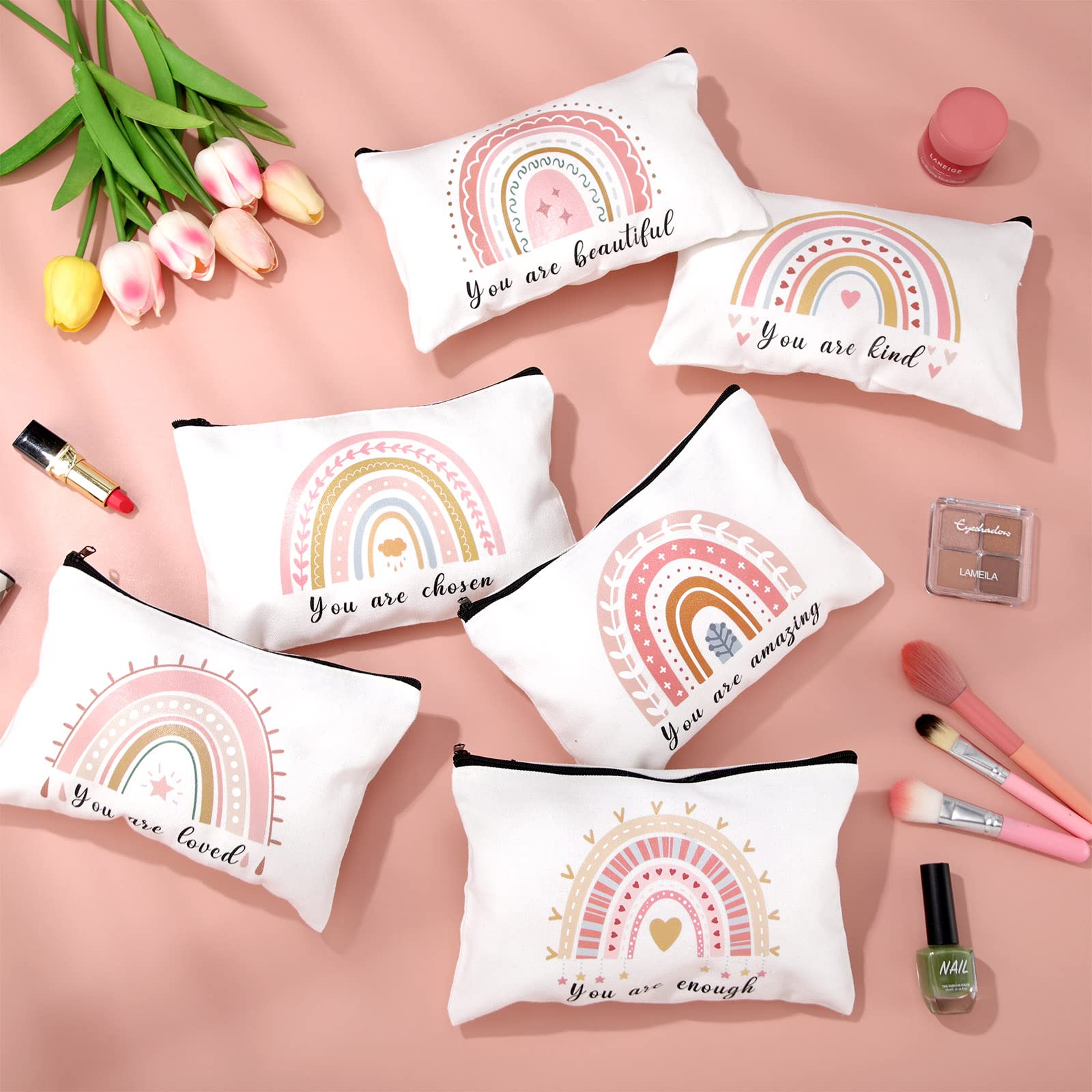 12 Pieces Rainbow Cosmetic Bag Inspirational Quotes Canvas Makeup Bags Bulk Inspirational Gifts for Girl and Women, Travel Pouch Toiletry Bag with Zipper Friendship Teacher Graduation Christmas Gift