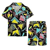 Vintage 90s Style Abstract Boys Hawaiian Shirt Sets Kids Casual Button Down Short Sleeve Shirt