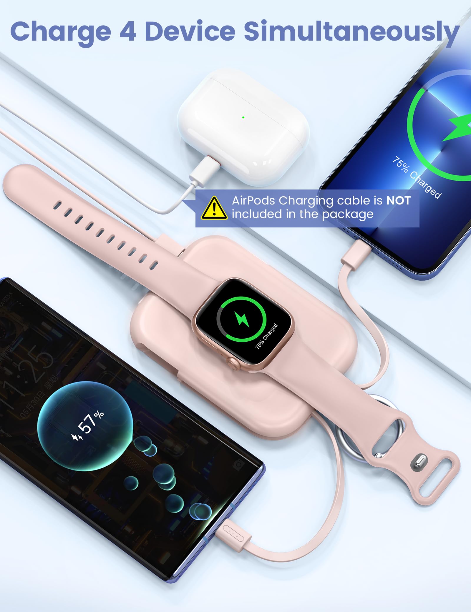 RORRY Portable Apple Watch Charger,5000mAh iWatch Wireless Charger Power Bank with Built-in Cable,Travel Keychain Charger for Apple Watch 9/Ultra2/8/Ultra/7/6/Se/5/4/3,iPhone 15/14/13/12/11 (Pink)