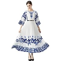 Summer Fall Vintage Baroque Print Crew Neck Belt 1/2 Half Sleeve Women Ladies Casual Party Vacation Midi Long Pleated Dresses
