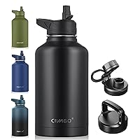 CIVAGO 64 oz Insulated Water Bottle With Straw, Half Gallon Stainless Steel Sports Water Flask Jug with 3 Lids (Straw, Spout and Handle Lid), Large Metal Thermal Cup Mug, Midnight Black