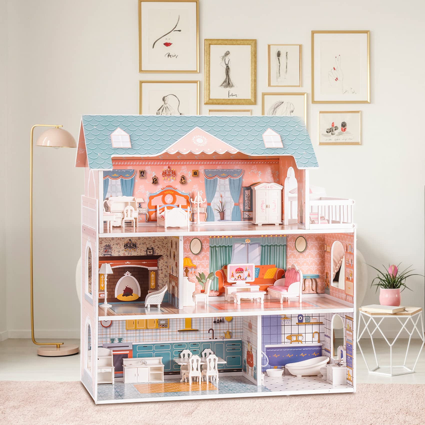 ROBUD Wooden Dollhouse for Kids Girls, Toy Gift for 3 4 5 6 Years Old, with Furniture