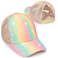 Girls Glitter Baseball Cap Criss Cross Ponytail Hat Adjustable High Messy Bun Ponycap Kids Trucker Hat for 4-12 Years