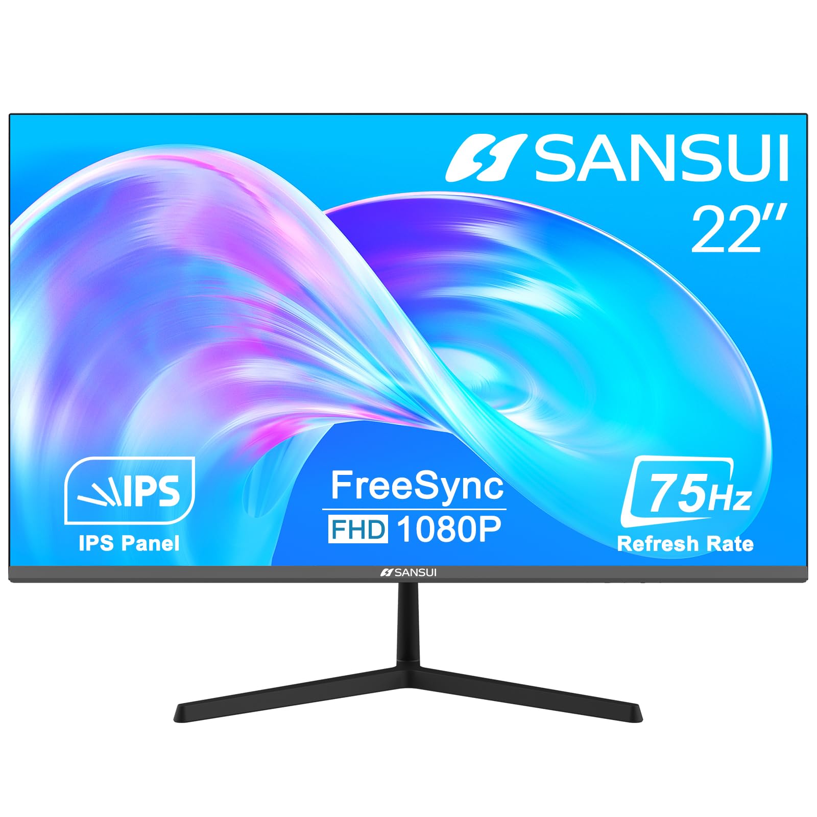 SANSUI Monitor 22 Inch IPS 75Hz FHD 1080P HDMI VGA Ports Computer Monitor Ultra-Thin Tilt Adjustable VESA Mount Compatible with Eye Comfort 178° Wide Viewing Angle for Game and Office