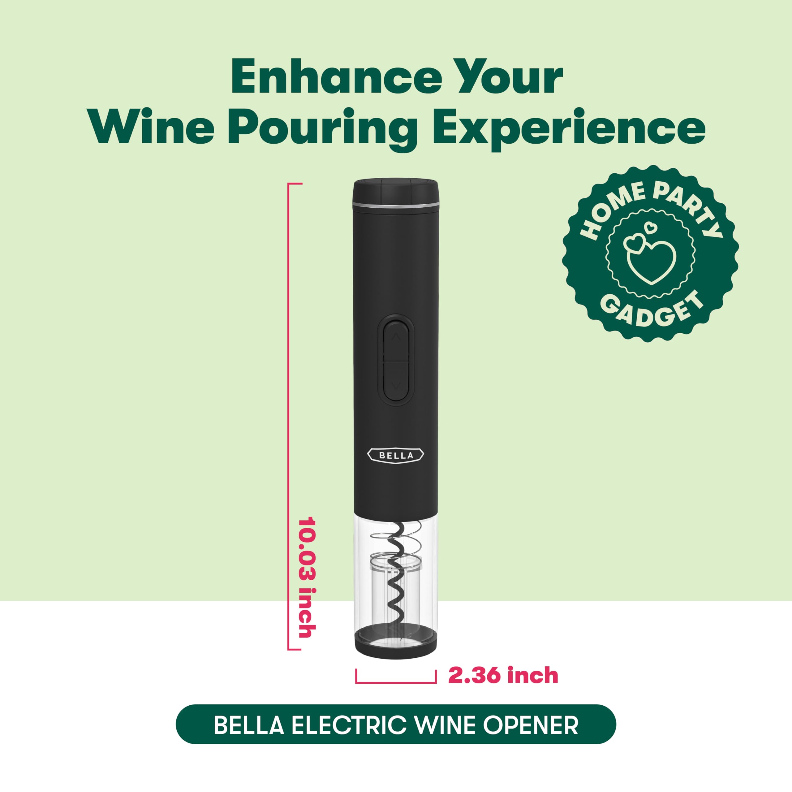 BELLA Electric Wine Opener, Automatic Electric Bottle Opener and Corkscrew with Foil Cutter, Battery Operated, One-Click Button, Fun Kitchen Gadgets and Gifts for Wine Lovers and New Home, Black