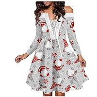 Women's Christmas Dresses, Fashion Casual One Shoulder Retro Printed Plush Party Long Sleeved Dress Womens Winter Red Print for Women Elegant Cocktail Dresses Cocktail Bodycon (L, Gray)
