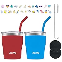 10oz Kids Stainless Steel Tumblers,2 PACK Double Wall Vacuum Insulated Kids Cups,Stainless Steel Toddler Cups With Straws,Spill Proof Lids,Straw Brush,Silicone Bottoms,Stickers(Blue Red)