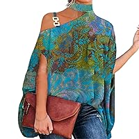 Women Blouse Party Elegant Batwing Sleeve Tops Casual T Shirt Loose Fit One Shoulder Tees Blouses Summer Tops Tunic Shirts Green L
