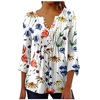 Women Fashion Casual V Neck T-Shirt Tops Pleats Floral Printed Loose Shirts Flowy Hem Short Sleeve Blouse Tees