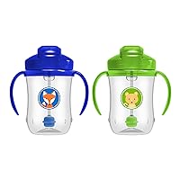 Dr. Brown's Milestones Baby’s First Straw Cup, Training Cup with Weighted Straw, Blue & Green, 2 Pack, 6m+