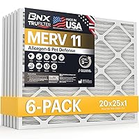 TruFilter 20x25x1 Air Filter MERV 11 (6-Pack) - MADE IN USA - Allergen Defense Electrostatic Pleated Air Conditioner HVAC AC Furnace Filters for Allergies, Dust, Pet, Smoke, Allergy MPR 1200 FPR 7