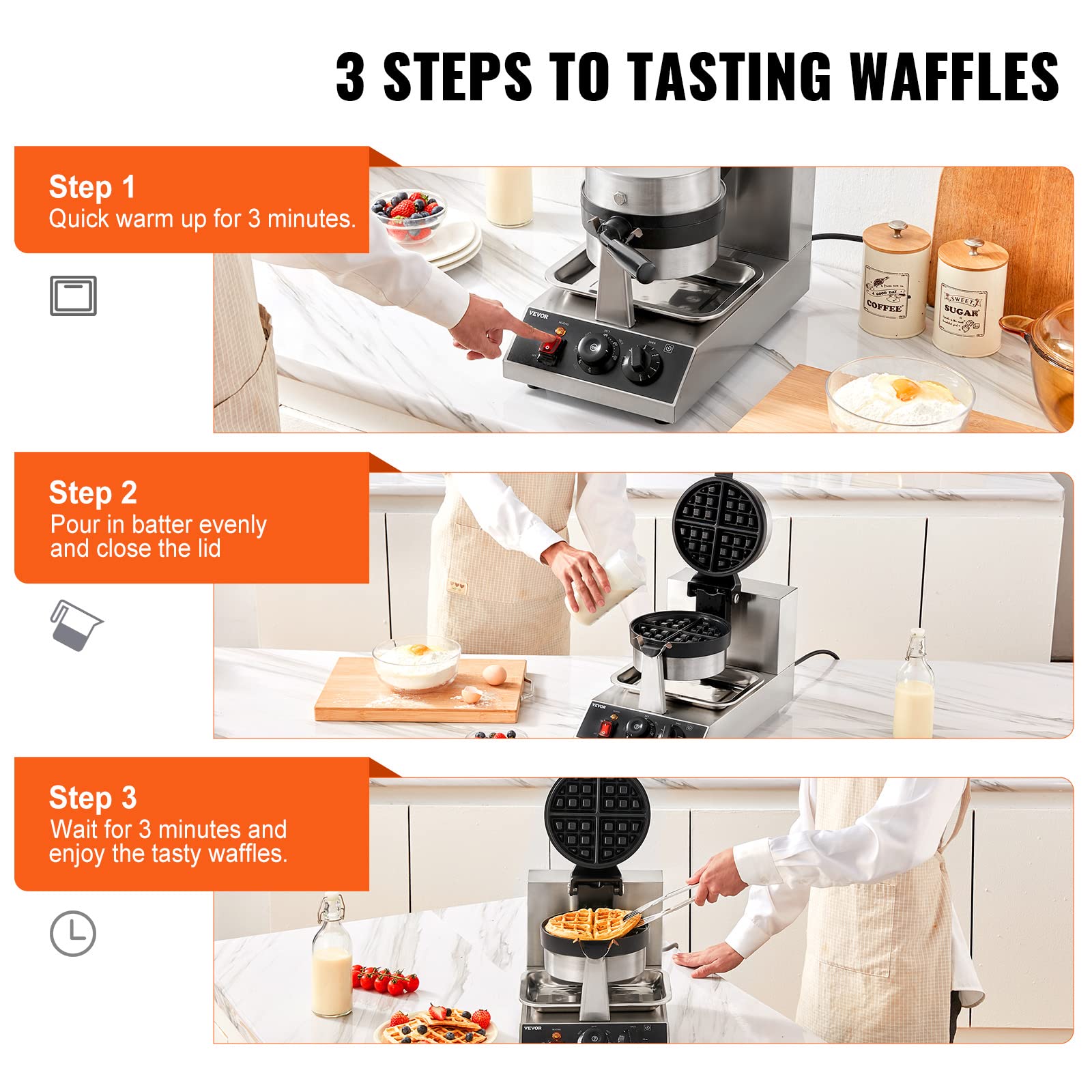 VEVOR Commercial Waffle Maker, 1300W Round Waffle Iron, Non-Stick Rotatable Waffle Baker Machine With 122-572℉ Temp Range and Time Control, Teflon-Coated Baking Pan Stainless Steel Body 120V