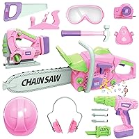 Kids Construction Tool Set for 3 4 5 6 7 Year Old Boys Girl,Pink Preschool Pretend Play Tool,Pretend Play Tools Set Toddler Toys,with Electric Drill Chainsaw、Electric Drill,Toy Tools Gifts for Kids