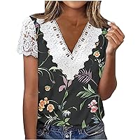 Sexy Tops for Women Fashion Summer Floral Printed T Shirt Lace Crochet Short Sleeves T-Shirt V Neck Tunic Top Blouses