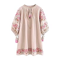 R.Vivimos Women's Autumn 3/4 Sleeve Cotton V Neck Floral Embroidery Casual Tunic Dresses