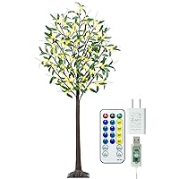 5FT 90 LED Lighted Olive Tree - Olive Trees Artificial Indoor with 9 Branches, 18 Fruits 180 Leaves, Remote 8 Flashing Modes, Timing, DC 5V Safe, Faux Olive Tree for Outdoor Party Home Decorations