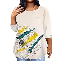 Plus Size Tunics for Women Plus Size Tops for Women Sunflower Print Casual Fashion Trendy Loose Fit with 3/4 Sleeve Round Neck Shirts Beige 4X-Large