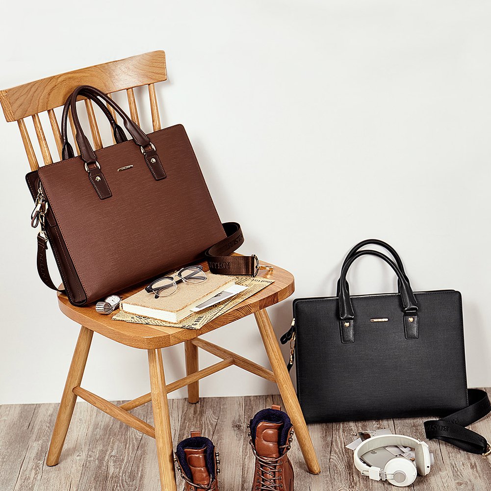 BOSTANTEN Leather Lawyers Briefcase Shoulder Laptop Business Slim Bags for Men & Women Coffee