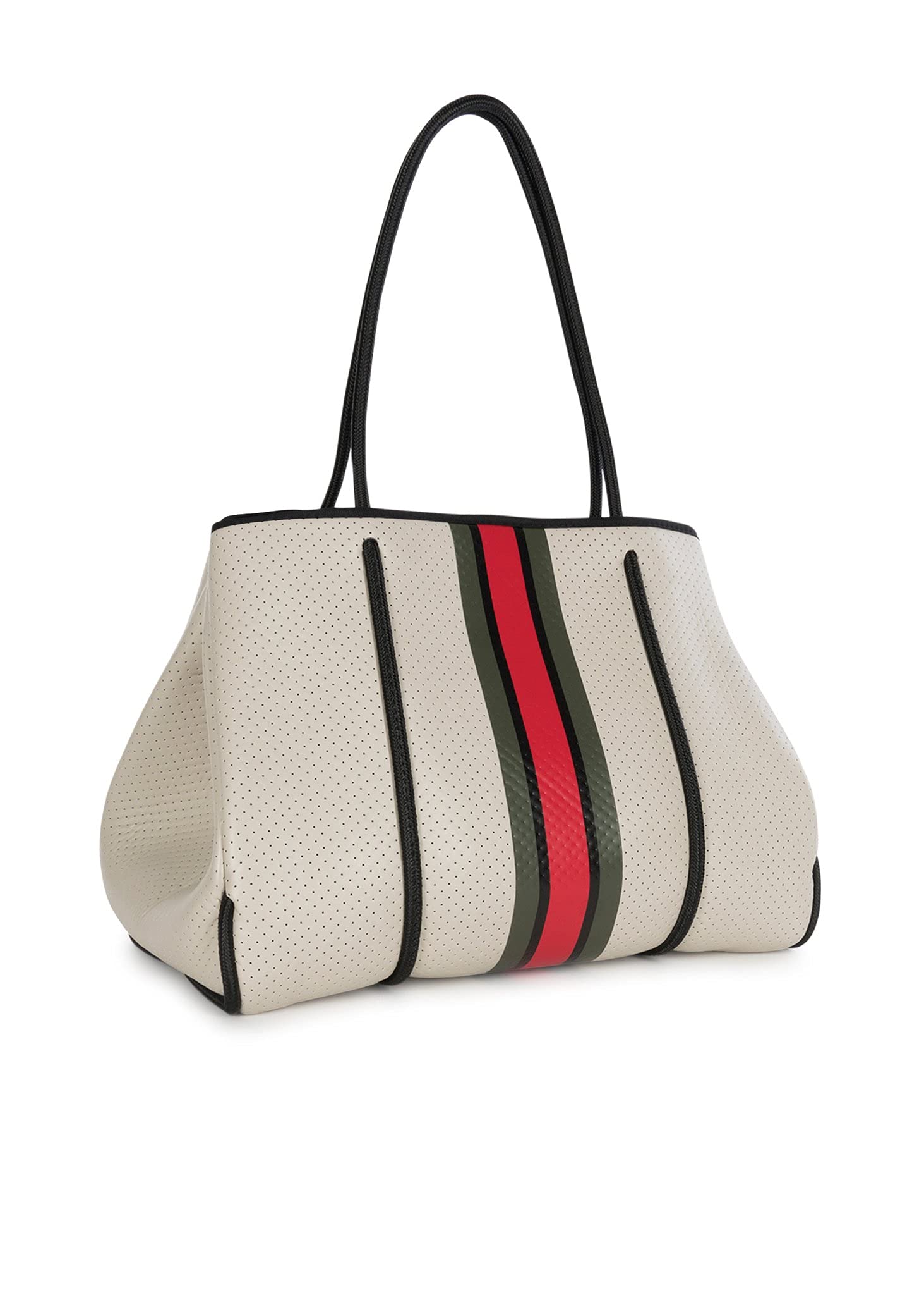 Haute Shore - Greyson Roma Neoprene Tote Bag w/Zipper Wristlet Inside, Beige W/Olive, Black, & Red Stripe