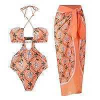 IMEKIS Women Floral Print Beach Swimsuit 2 Piece Tropical Bikini Monokini with Cover up Wraps Summer Holiday Bathing Suit