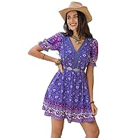 Dresses for Women - Floral Print Puff Sleeve Dress Without Belt - Purple Boho Style V Neck A Line Short Sleeve