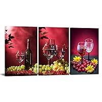 iLOOKLiKE Fine Goblet Pictures for Kitchen Grape Fruit Canvas Prints Wall Art Modern Food Glass Poser Prints for Dining Room Restaurant Decoration Ready to Hang 16x24inchx3pcs
