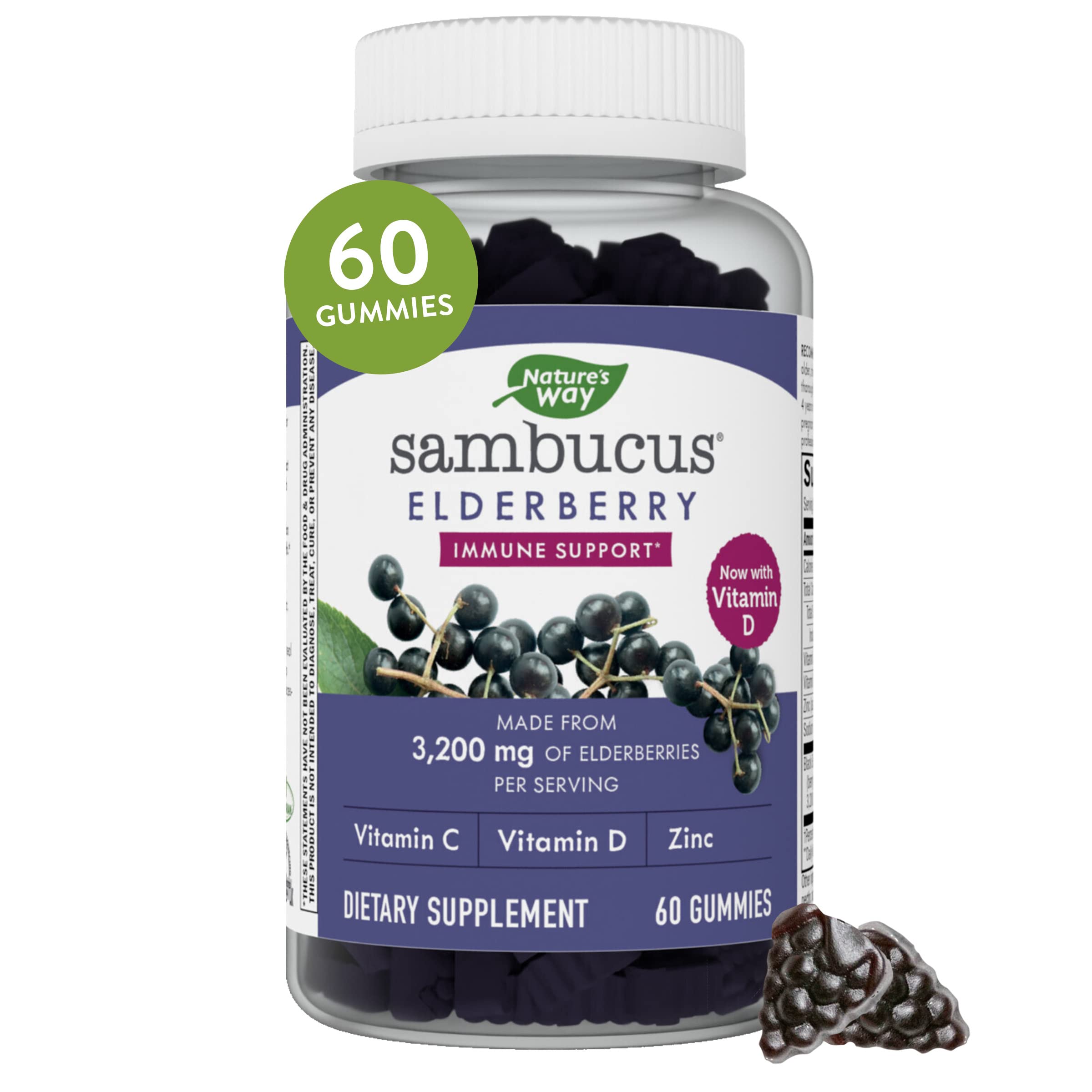 Nature's Way Sambucus Elderberry Gummies, With Vitamin C, Vitamin D and Zinc, Immune Support for Kids and Adults*, 60 Gummies