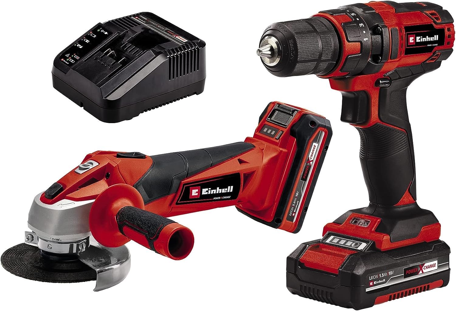 Einhell Power X-Change 18V Cordless Impact Drill And Cordless Angle Grinder With 2 x Batteries And Charger - Classic Power Tool Set - Battery Powered Twin Pack Combi Drill And Angle Grinder