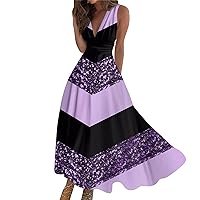 Maxi Dress for Women Beach Vacation, 2024 Summer Casual Sleeveless V Neck Ruffle High Waist Flowy Tiered Maxi Dress (3XL, Purple)