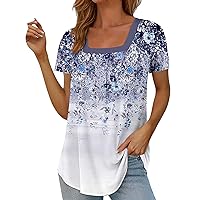 Women's Short Sleeve Tops, Loose Fitting Square Neck Sleeved Top with Floral Summer 2024 Plus Size Dressy Casual