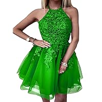 Halter Neck Backless Short Lace Prom Homcoming Dresses 2023 Applique Mini Cocktail Party Gown for Juniors