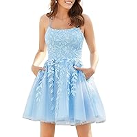 Women's Lace Homecoming Dresses with Pockets Tulle Short Prom Dresses for Teens A-Line Cocktail Dress with Pockets