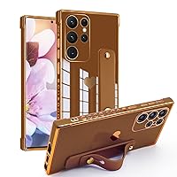 Designed for Samsung Galaxy S23 Ultra Case Cute with Strap, Luxury Love Heart Plating Case Side Edge Small Love Pattern for Women Girls Wristband Stand Slim Soft TPU Cover Full Body Case Brown