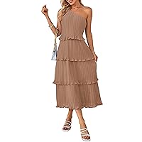 MEROKEETY Women's Summer One Shoulder Sleeveless Pleated Ruffle Tiered Layered Chiffon Party Dress