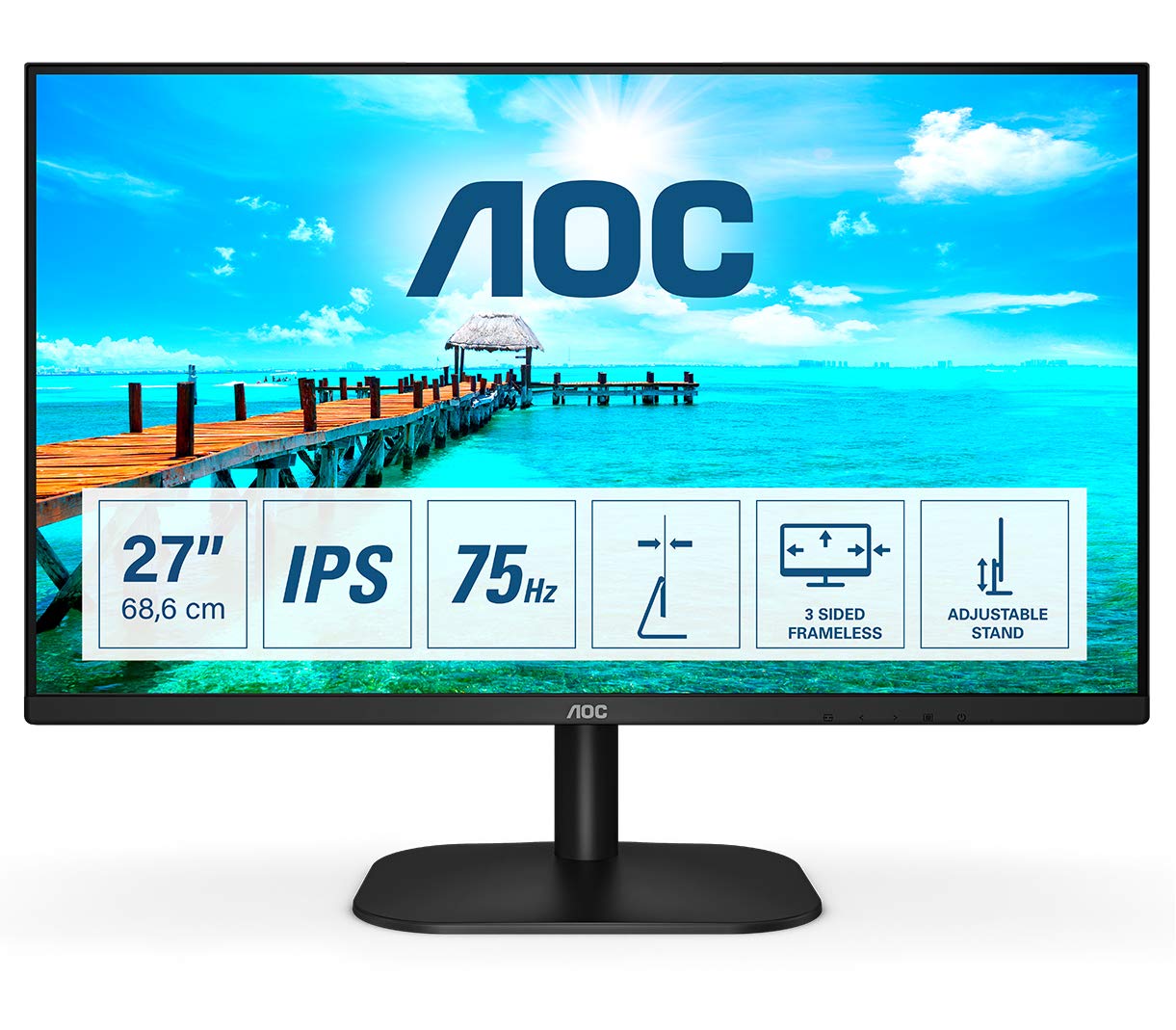 AOC 27B2DA 27 inch IPS Monitor - Full HD 1080p, 4ms Response, Built In Speakers, HDMI, DVI