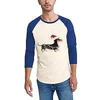 Ma Croix Mens Festive Winter Holidays Classic Raglan Christmas Lights Weiner Dog Graphic 3/4 Sleeved Tee Shirt