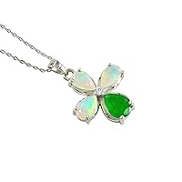 Natural Emerald & Ethiopian Fire Opal Faceted Cut Pear Shape Flower Necklace May Birthstone 925 Sterling Silver Pendant Casual Wear Stylish Elegant Design Flower Necklace Wth Silver Chain Bridesmaid Gift ( PD-8509 )