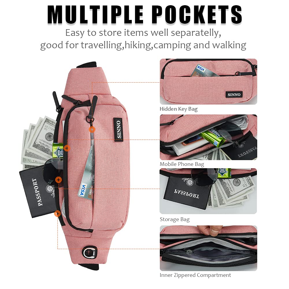  SINNO Large Crossbody Fanny Pack for Women Men Belt Bag With  4-Zipper Pockets for Travel Running Hiking Workout Dog Walking Outdoors  Sport
