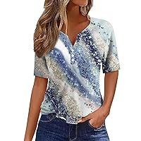 Womens Henley Tops,Womens Tops V Neck Henley Button Sequin Floral Print Y2K Tee Shirts Fashion Button Down Boho Hawaiian Blouse Sexy Top