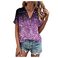 Womens Tops V Neck Tshirts Casual Dressy Women's Fashion Spring and Summer Printed V Neck Short Sleeve Button