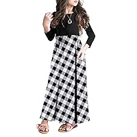 MITILLY Girls 3/4 Sleeve Pleated Casual Swing Long Maxi Dress with Pockets 6-12 Years
