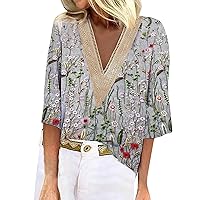 Womens Summer Tops and Blouses 3/4 Sleeve Shirts Lace V Neck Dressy Tops Trendy Vacation Floral Blouses